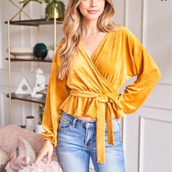 BOHO velour bishop sleeve belted MUSTARD TOP - Picture 5 of 7